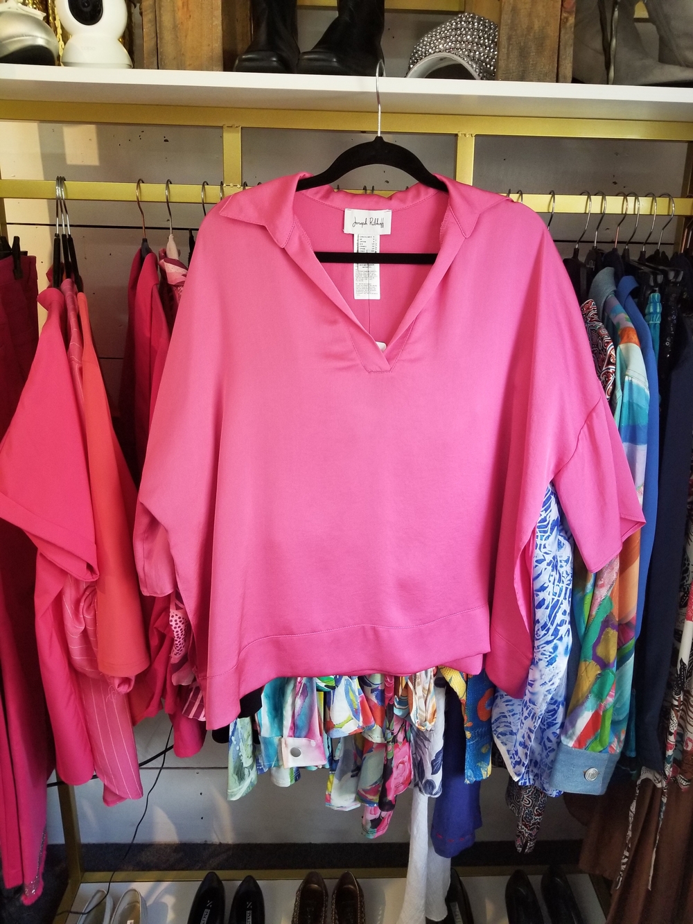 Joseph Ribkoff Hot Pink V-Neck Top with Soft Collar